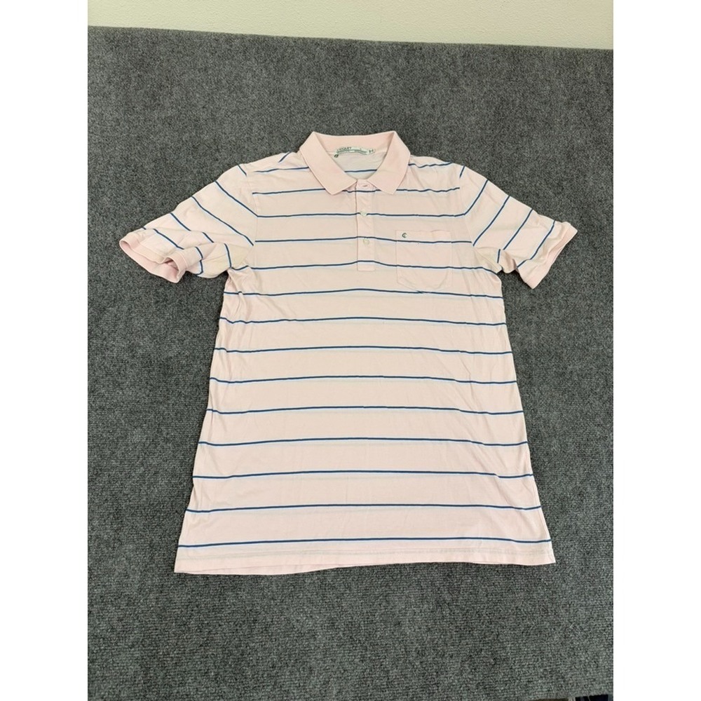 Criquet Polo Shirt Mens Pink Blue Striped Pocket Logo Organic Cotton Size L